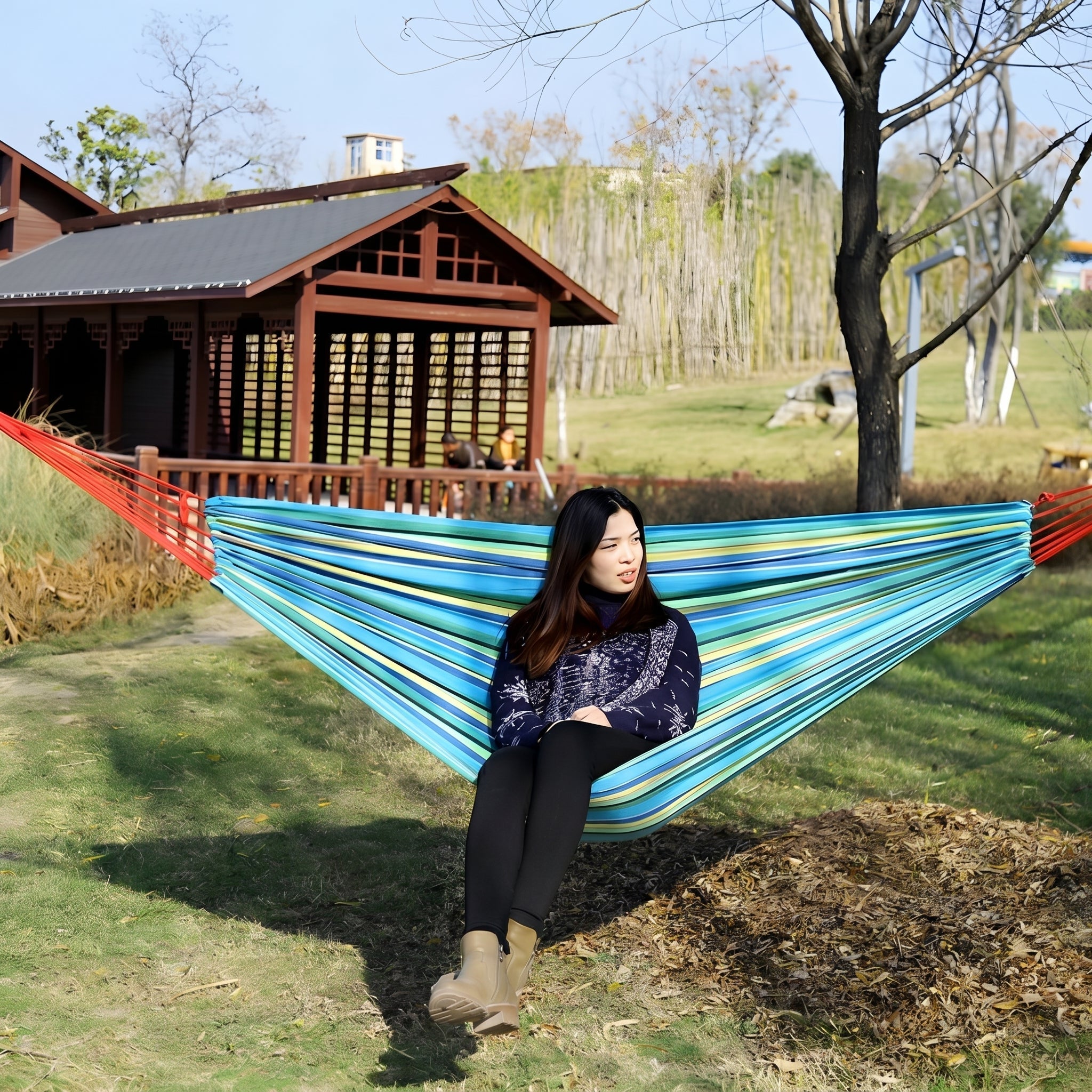 Outdoor Hammock with Colourful Stripe Pattern and Carry Bag - Outdoor Hammock - Blue - Oaksoho