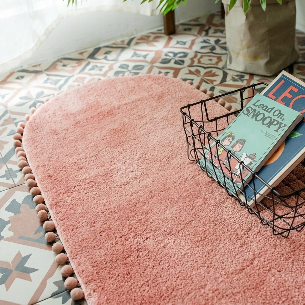 Oval Rug with Pompom Border - Rugs & Carpets - Pink - Oaksoho