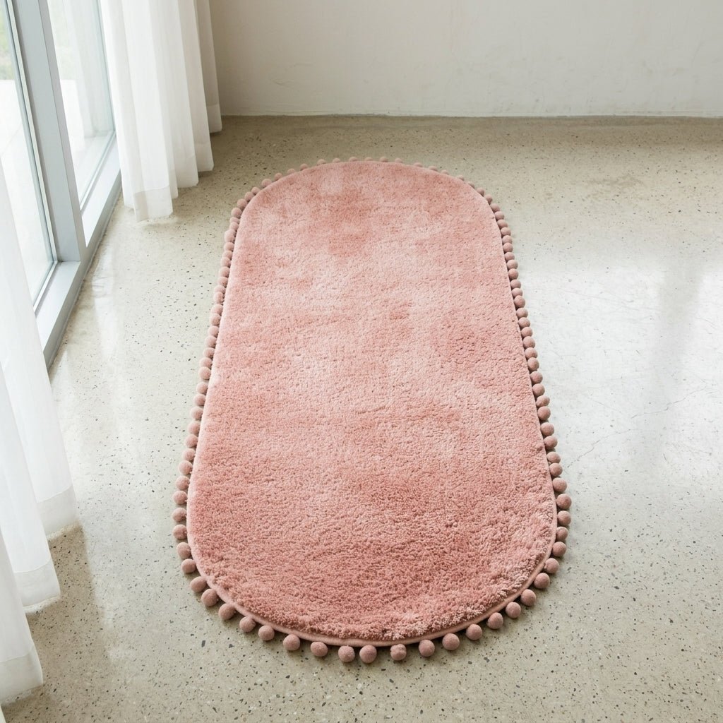 Oval Rug with Pompom Border - Rugs & Carpets - Pink - Oaksoho