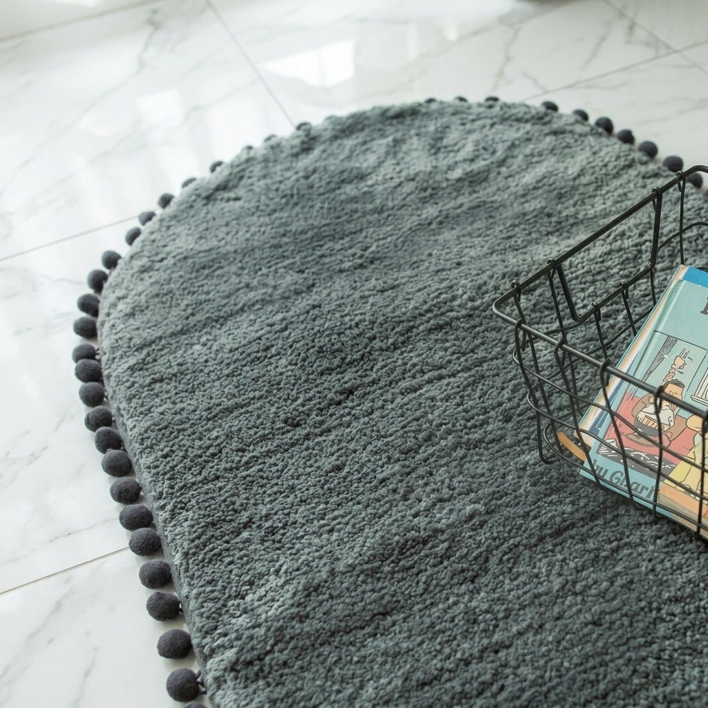Oval Rug with Pompom Border - Rugs & Carpets - Grey - Oaksoho