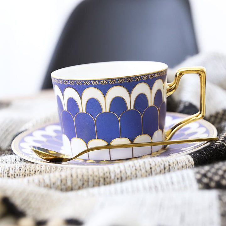 Patterned Tea Cup Set with Golden Handles and Saucer - Tea Cup and Saucer - Blue - Oaksoho