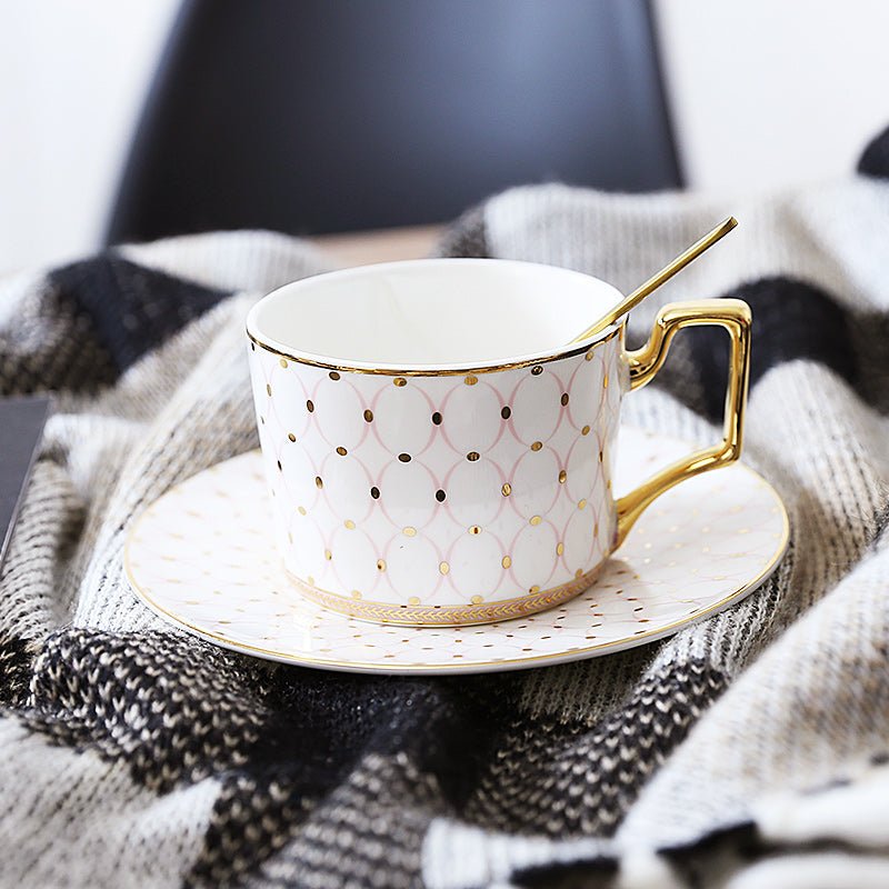 Patterned Tea Cup Set with Golden Handles and Saucer - Tea Cup and Saucer - Pink - Oaksoho