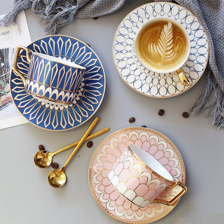 Patterned Tea Cup Set with Golden Handles and Saucer - Tea Cup and Saucer - Pink - Oaksoho
