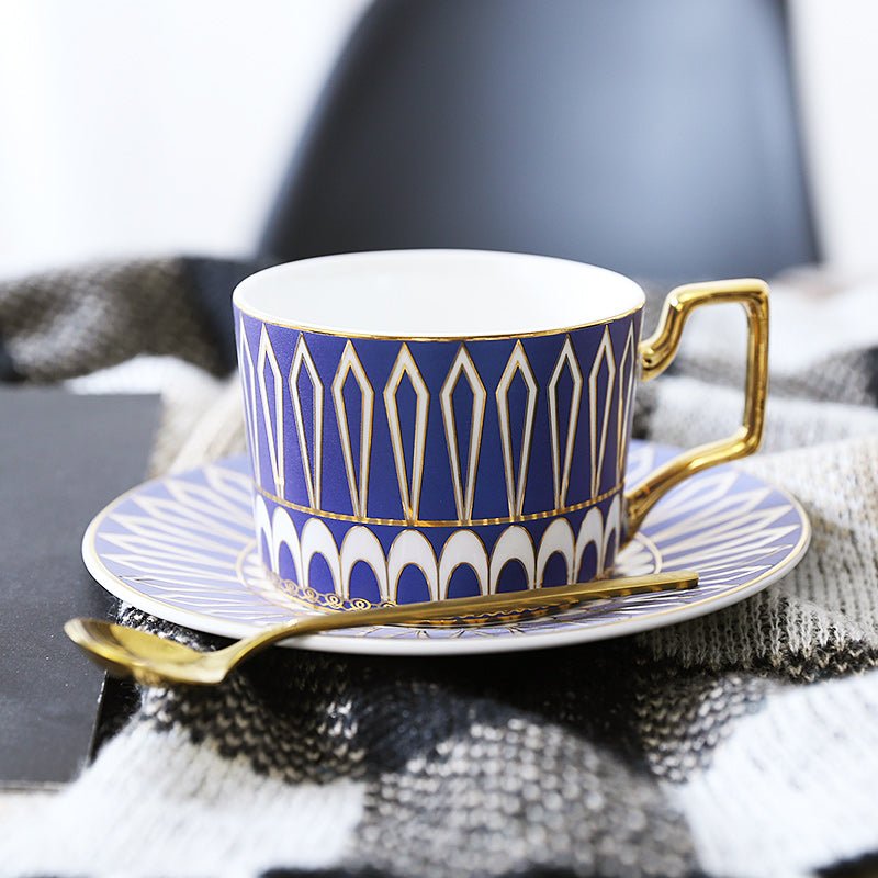 Patterned Tea Cup Set with Golden Handles and Saucer - Tea Cup and Saucer - Blue - Oaksoho