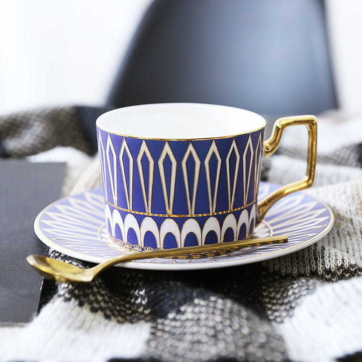 Patterned Tea Cup Set with Golden Handles and Saucer - Tea Cup and Saucer - Blue - Oaksoho