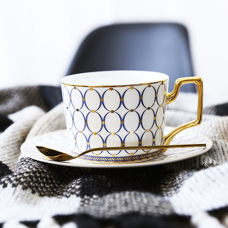 Patterned Tea Cup Set with Golden Handles and Saucer - Tea Cup and Saucer - Blue - Oaksoho