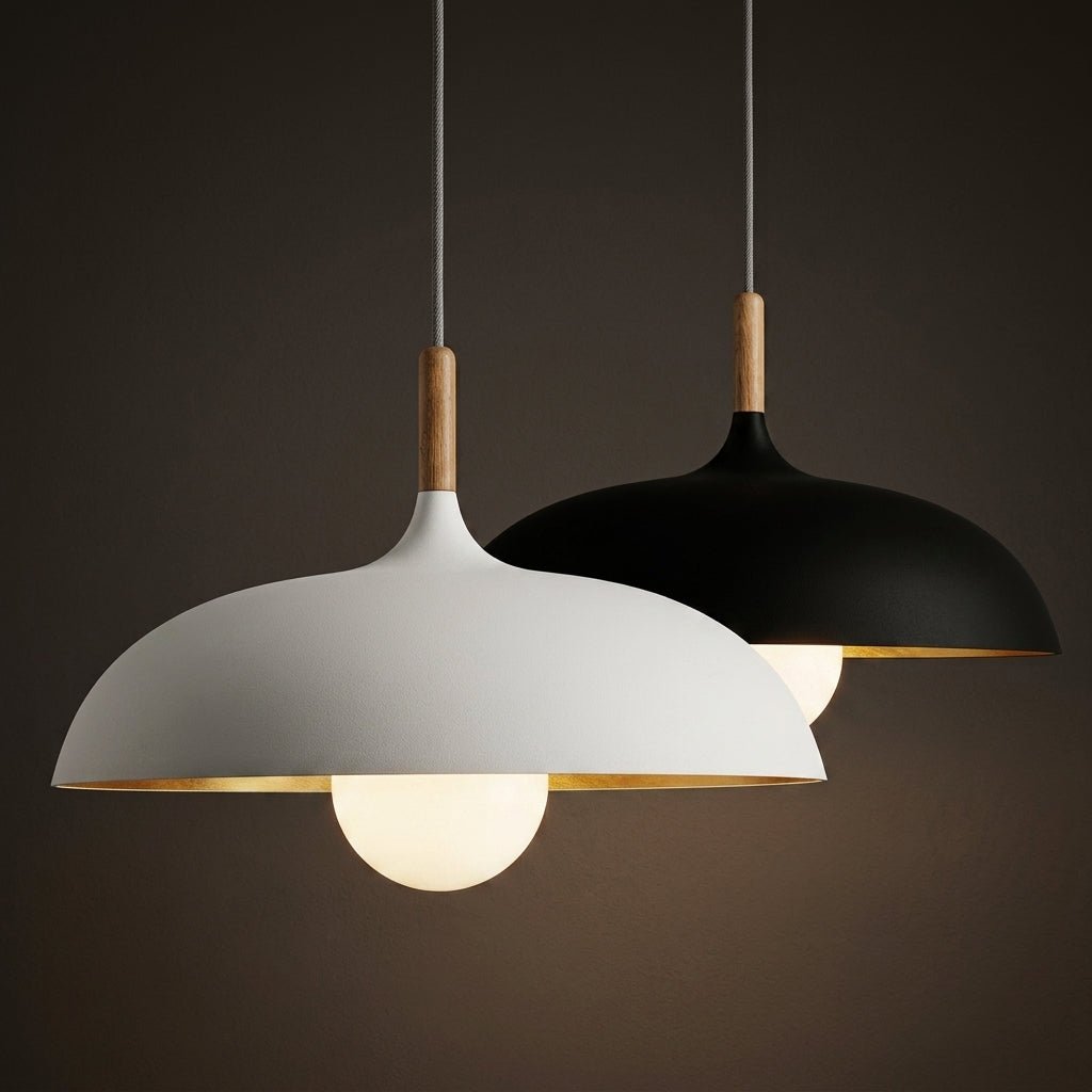 Pendant Lamp with Matte Dome Shade and Wood Accent - Pendat Light - Black - Oaksoho