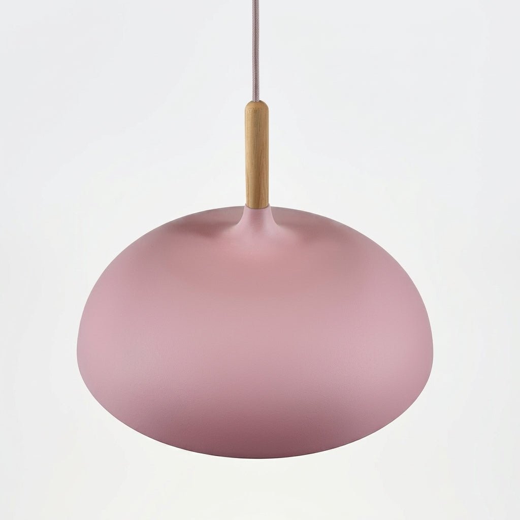 Pendant Lamp with Matte Dome Shade and Wood Accent - Pendat Light - Pink - Oaksoho