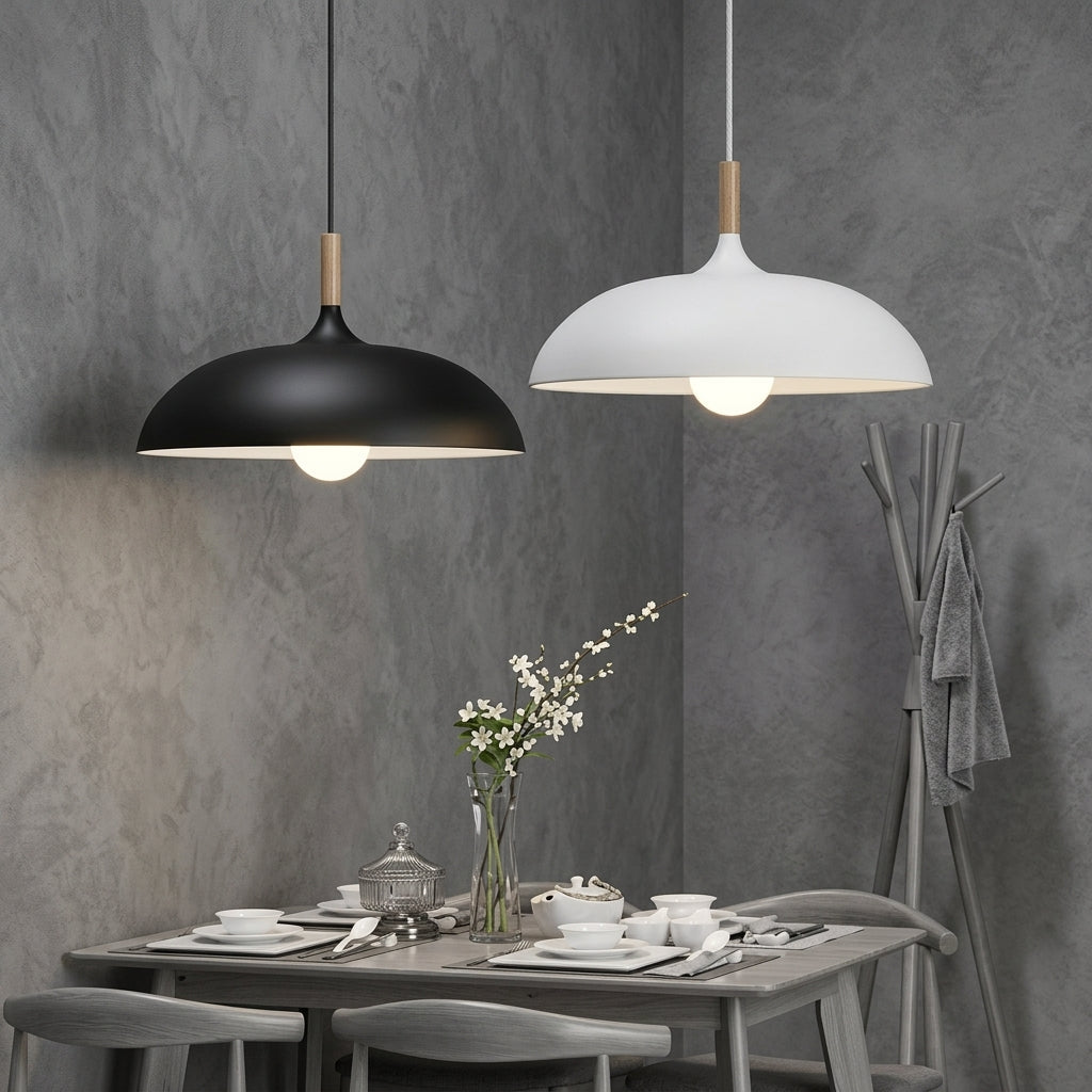 Pendant Lamp with Matte Dome Shade and Wood Accent - Pendat Light - Black - Oaksoho