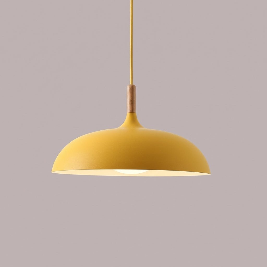 Pendant Lamp with Matte Dome Shade and Wood Accent - Pendat Light - Yellow - Oaksoho