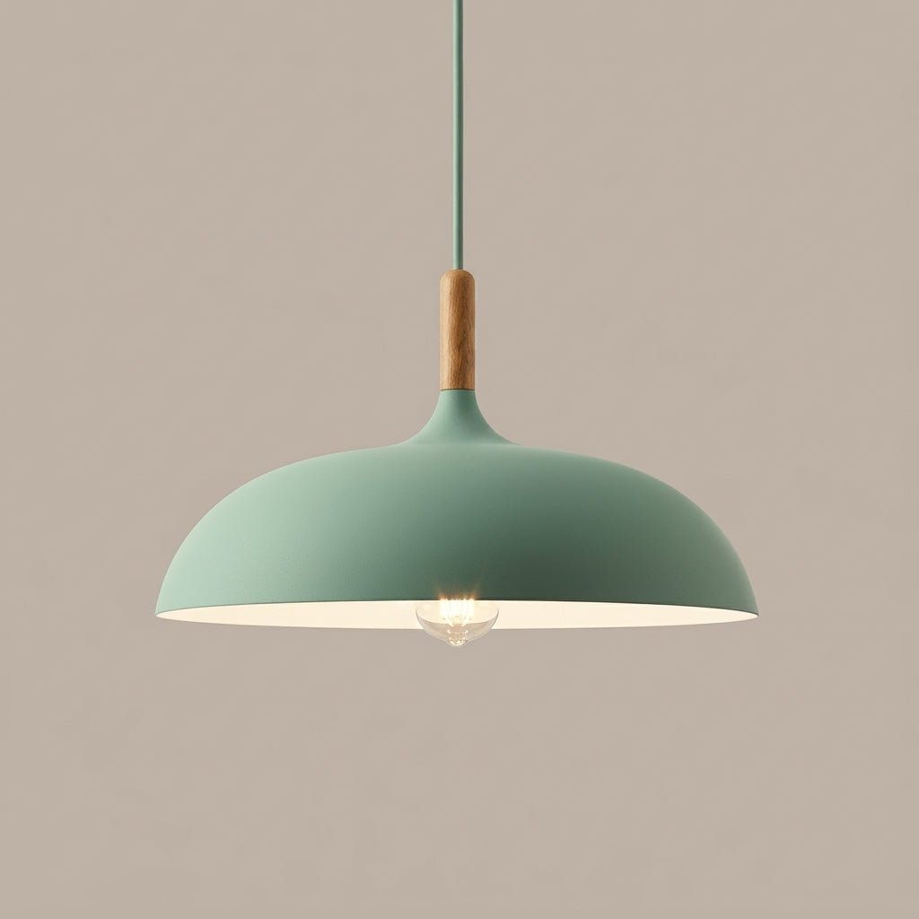 Pendant Lamp with Matte Dome Shade and Wood Accent - Pendat Light - Green - Oaksoho