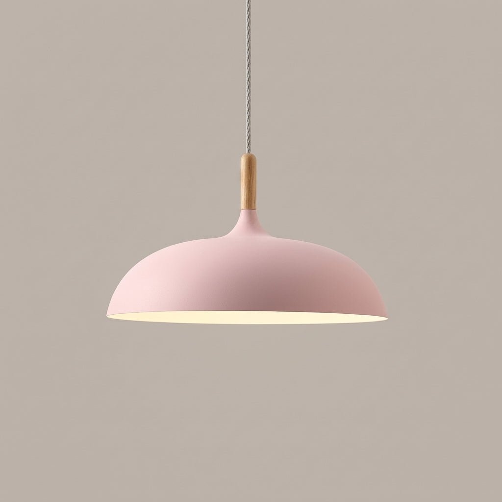 Pendant Lamp with Matte Dome Shade and Wood Accent - Pendat Light - Pink - Oaksoho