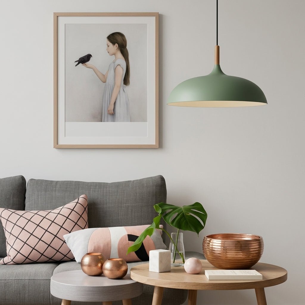 Pendant Lamp with Matte Dome Shade and Wood Accent - Pendat Light - Green - Oaksoho