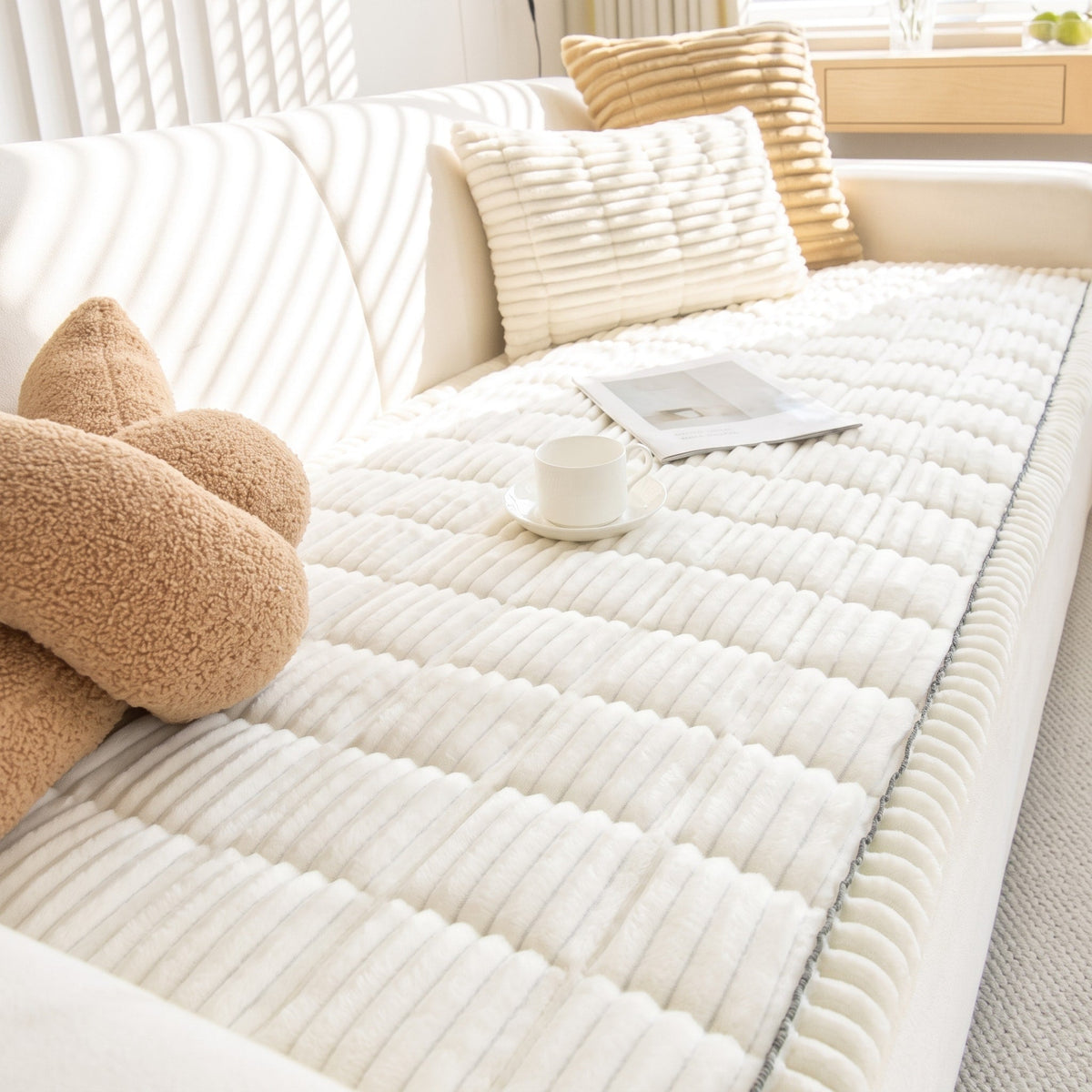 Quilted Plush Sofa Cover Furniture Protector Throw - Slipcovers - Beige - Oak Soho