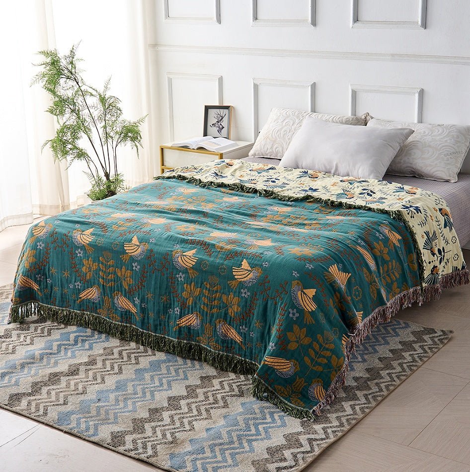 Reversible Blanket with Bird and Flower Pattern - Blanket - 150 × 200 cm - Oaksoho