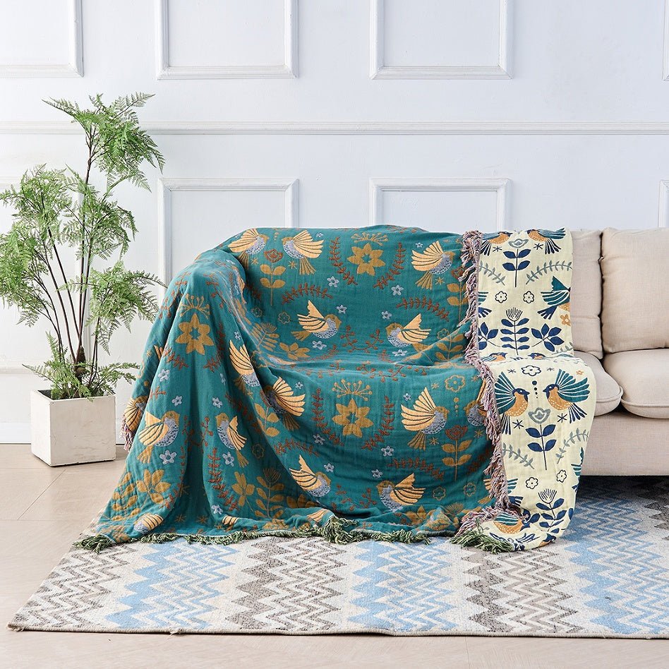 Reversible Blanket with Bird and Flower Pattern - Blanket - 150 × 200 cm - Oaksoho