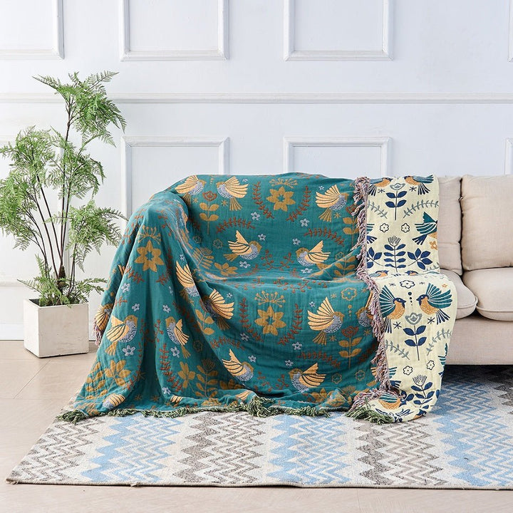Reversible Blanket with Bird and Flower Pattern - Blanket - 150 × 200 cm - Oaksoho