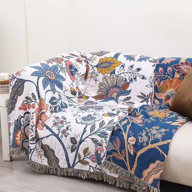 Reversible Blanket with Floral Pattern and Fringes - Blanket - 150.01 × 200 cm - Oaksoho