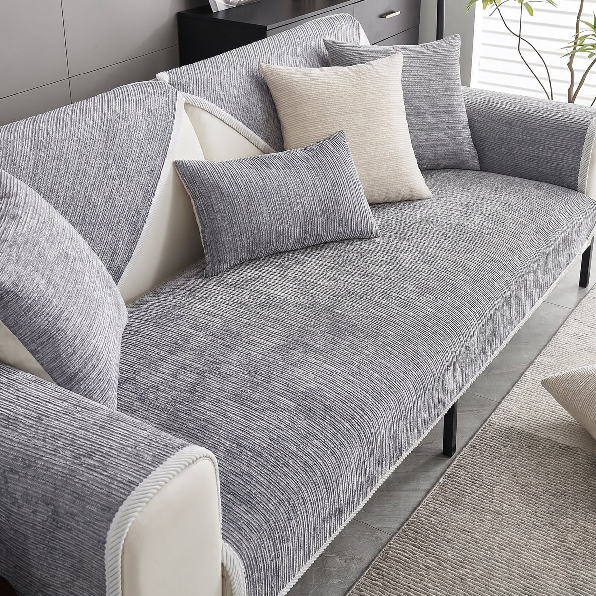 Ribbed Chenille Sofa Cover with Non-Slip Backing - Slipcovers - Grey - Oak Soho