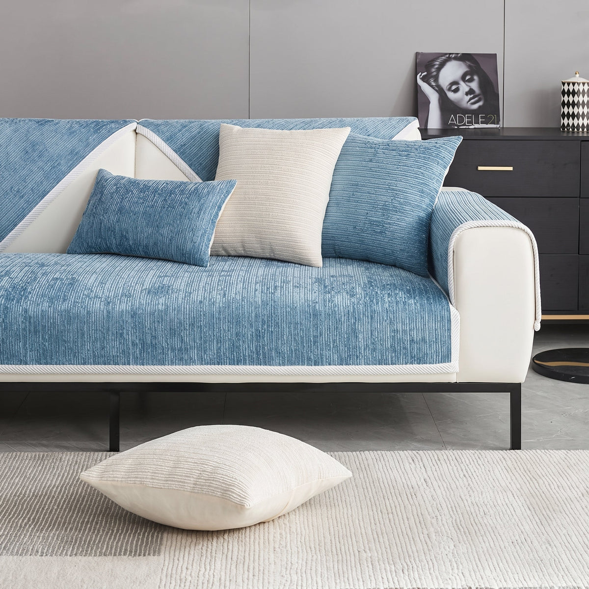 Ribbed Chenille Sofa Cover with Non-Slip Backing - Slipcovers - Blue - Oak Soho