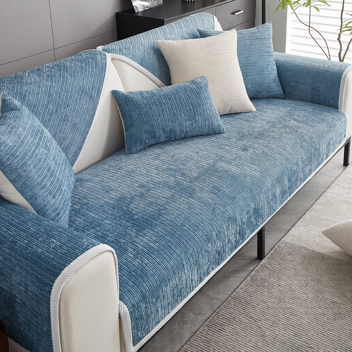 Ribbed Chenille Sofa Cover with Non-Slip Backing - Slipcovers - Blue - Oak Soho