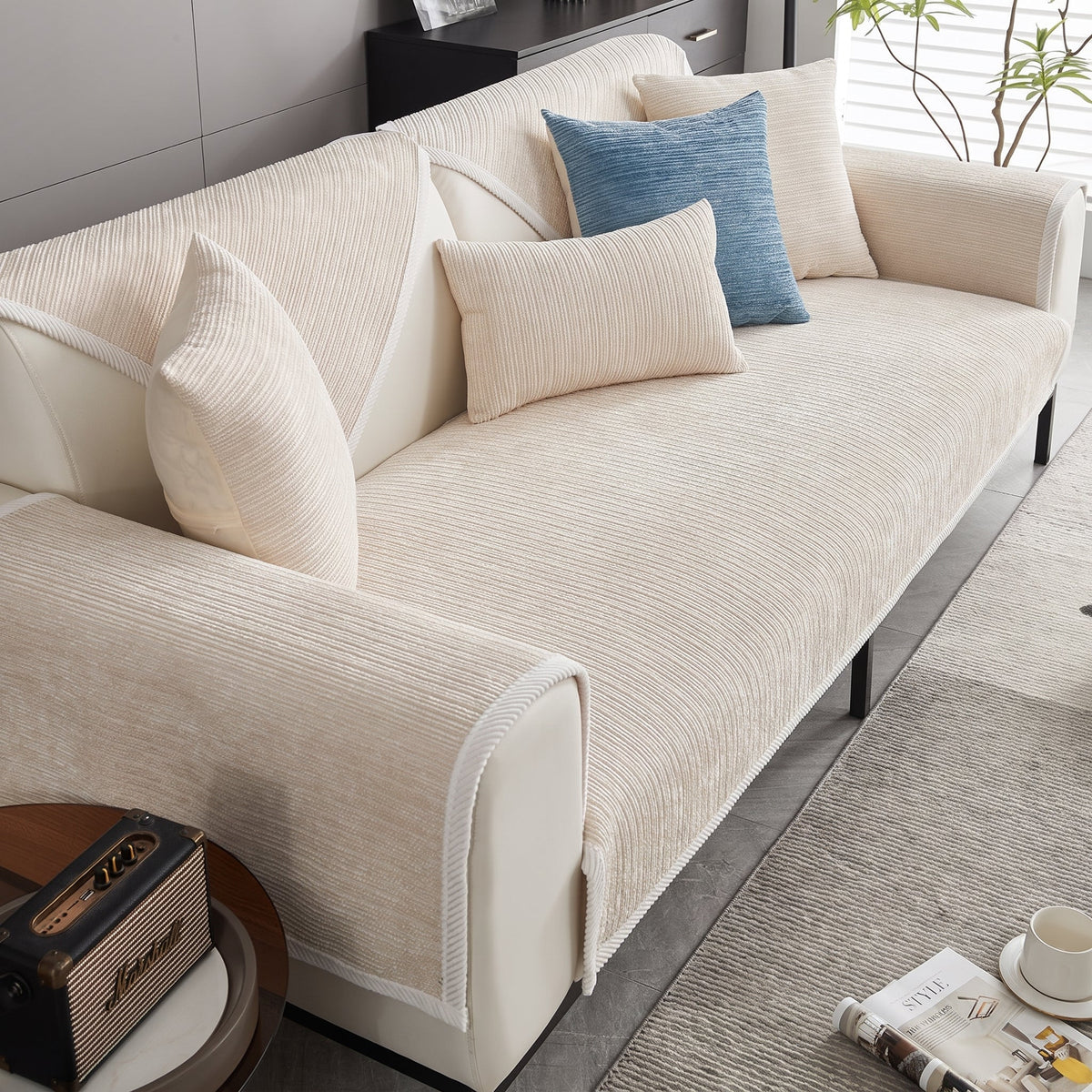 Ribbed Chenille Sofa Cover with Non-Slip Backing - Slipcovers - Beige - Oak Soho