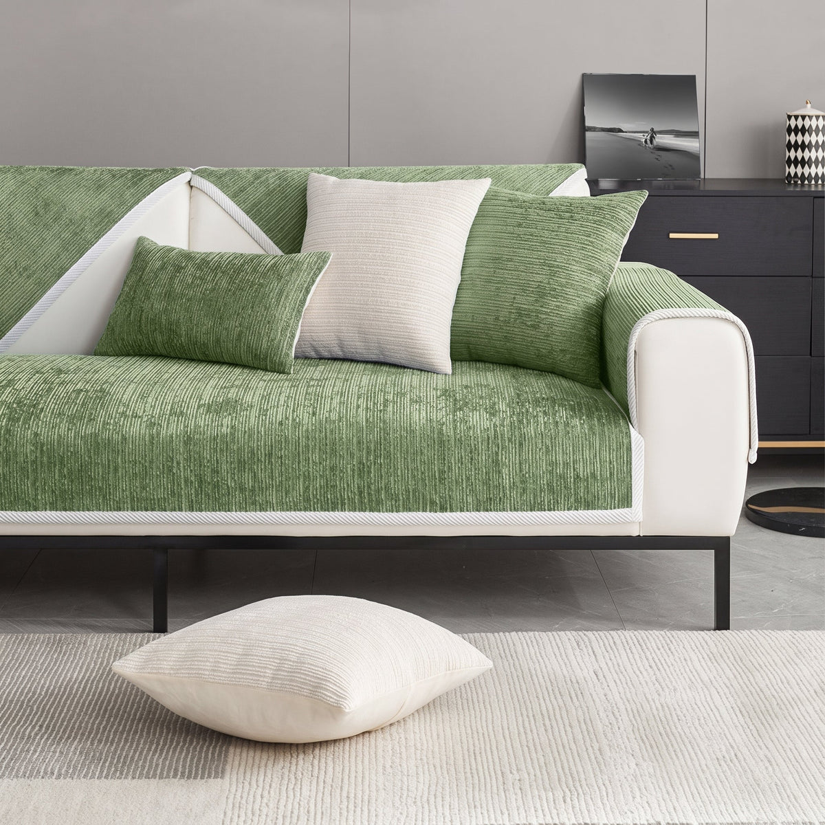 Ribbed Chenille Sofa Cover with Non-Slip Backing - Slipcovers - Green - Oak Soho