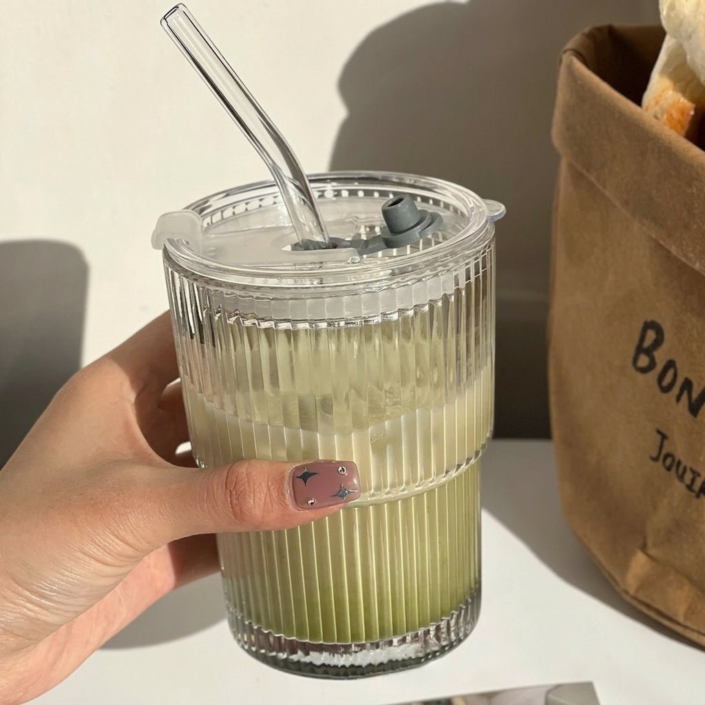 Ribbed Drinking Glass with Straw - Drinking Glass - Oaksoho