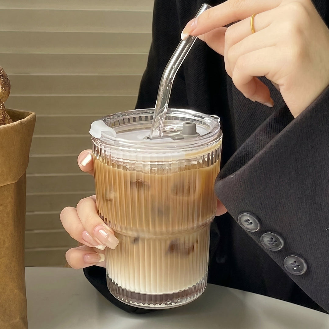 Ribbed Drinking Glass with Straw - Drinking Glass - Oaksoho
