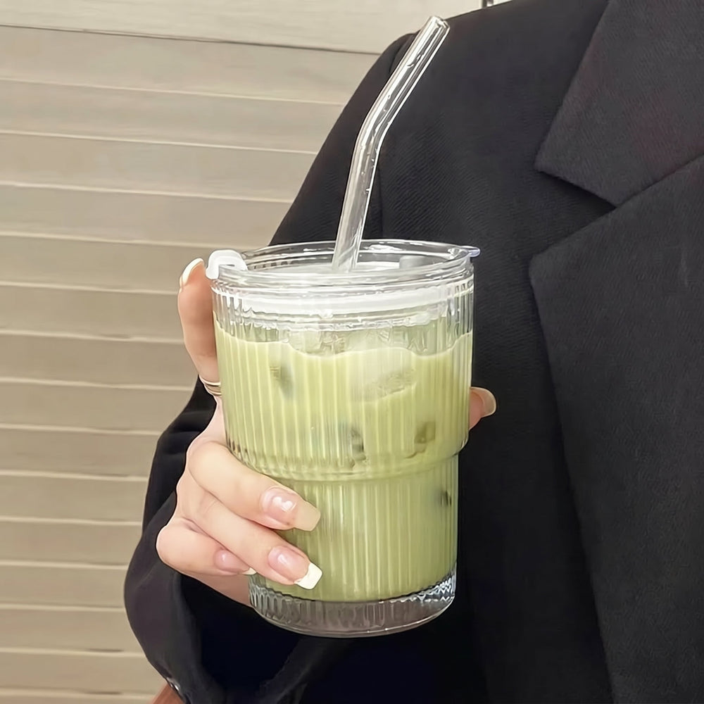 Ribbed Drinking Glass with Straw - Drinking Glass - Oaksoho