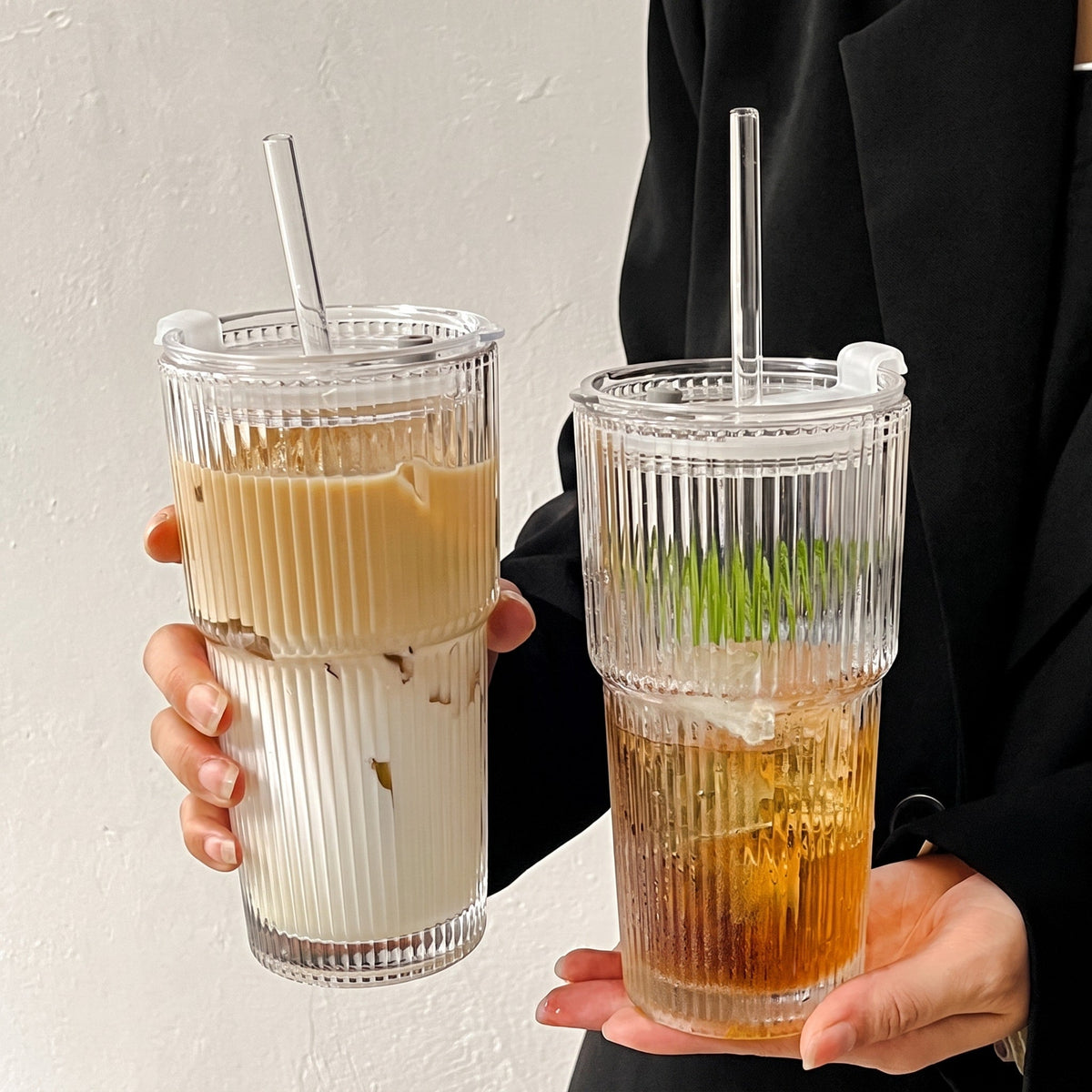 Ribbed Glass Cup with Lid and Straw - Tumblers - Large - Oaksoho