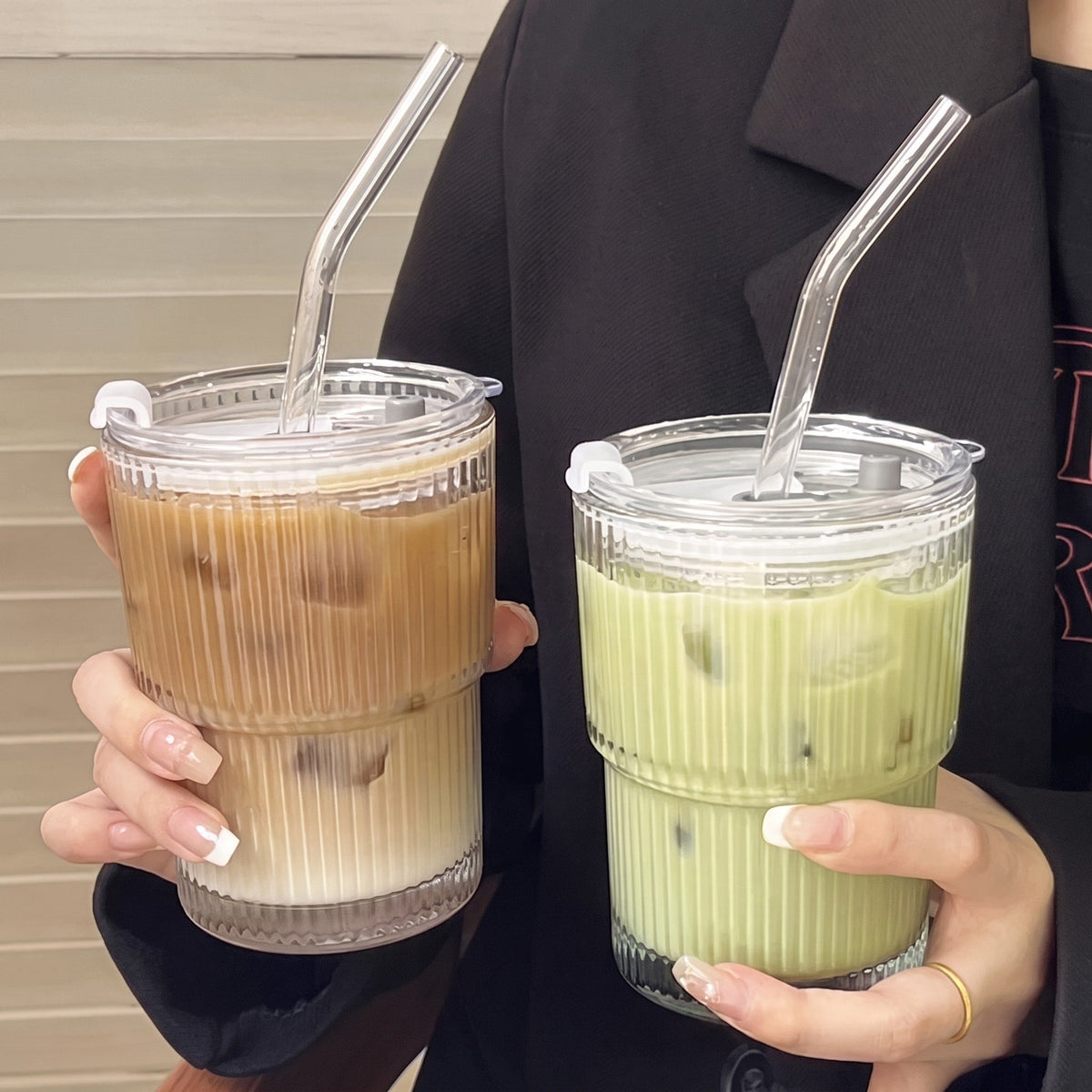 Ribbed Glass Cup with Lid and Straw - Tumblers - Small - Oaksoho