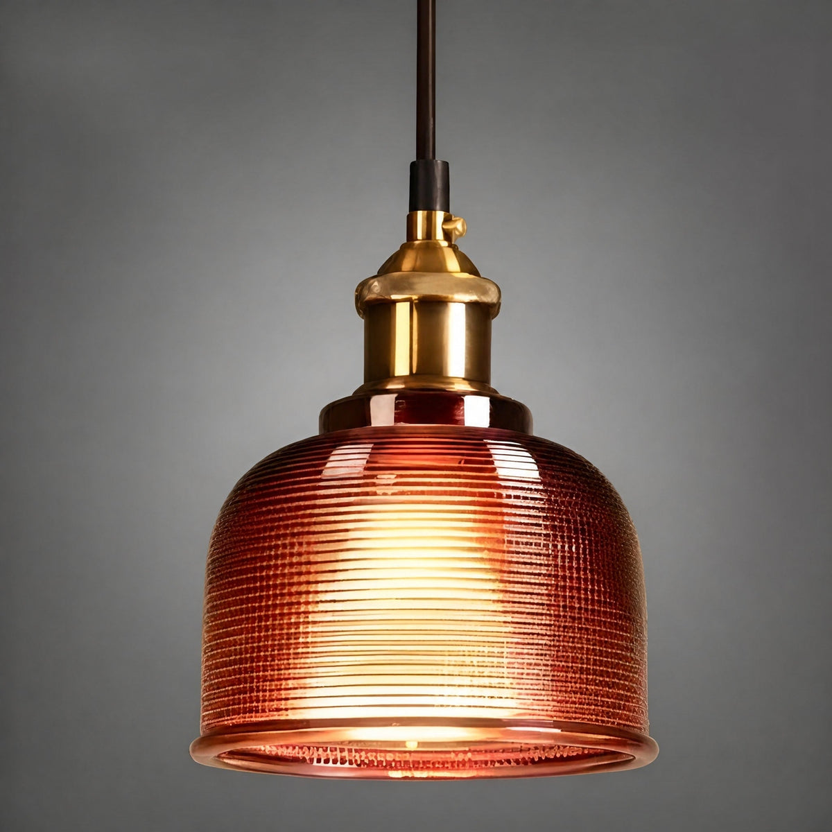 Ribbed Glass Dome Pendant Light with Brass Fitting - Pendant Light Fixtures - Red - Oaksoho