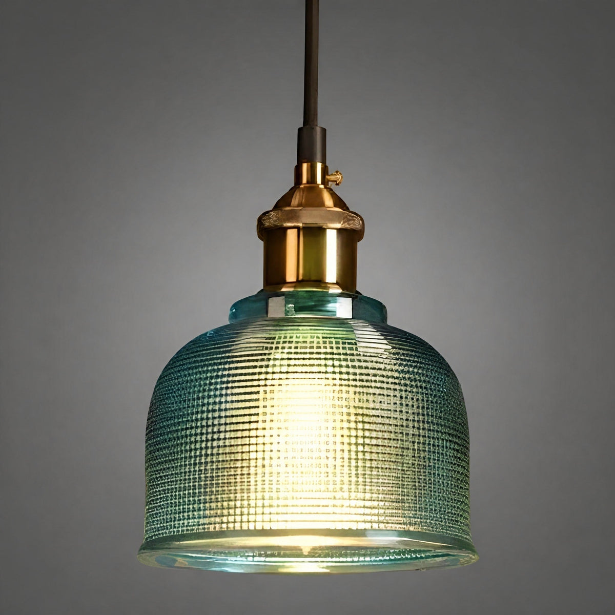 Ribbed Glass Dome Pendant Light with Brass Fitting - Pendant Light Fixtures - Blue - Oaksoho