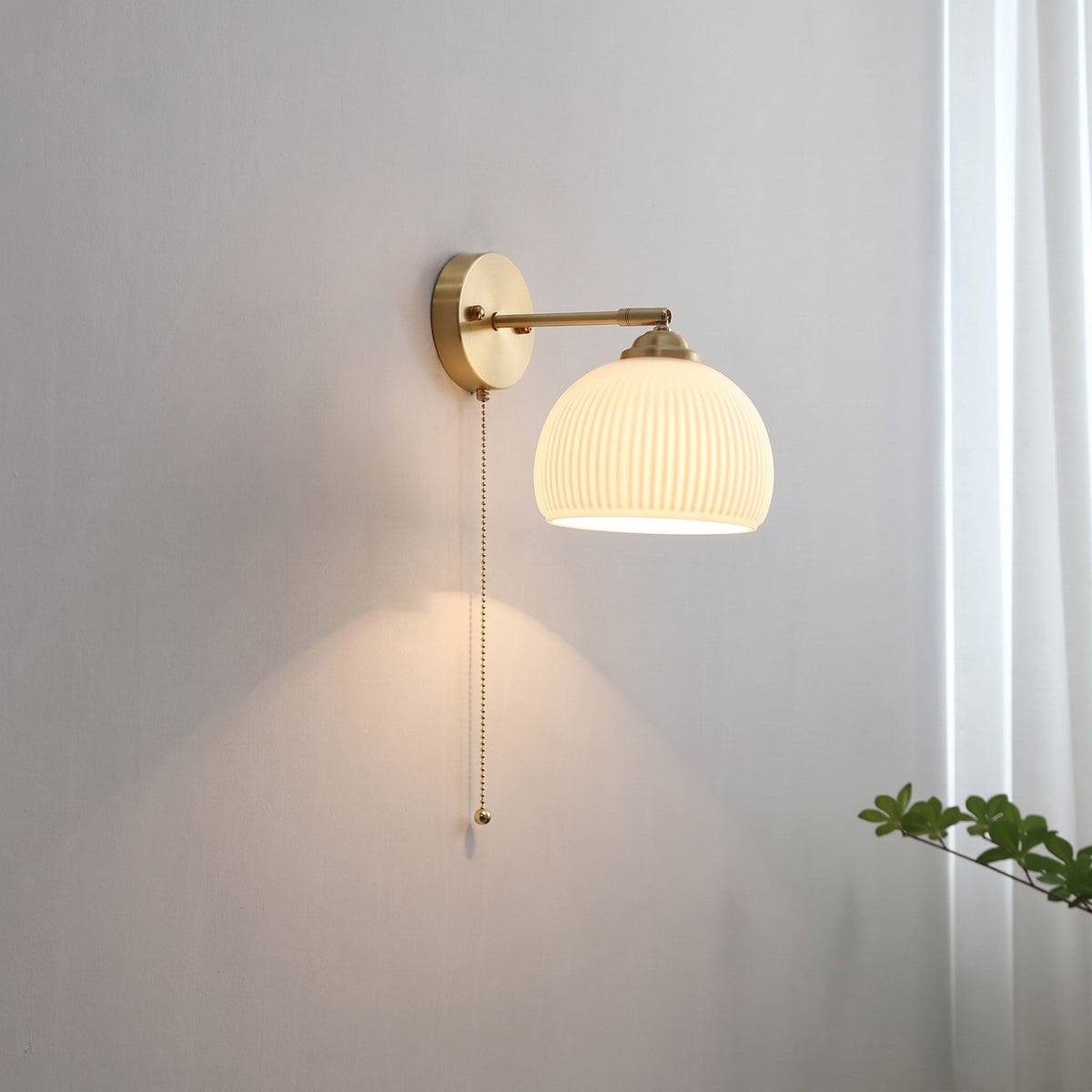 Ribbed Glass Wall Light with Pull Cord - Wall Light Fixtures - Dome Shade - Oaksoho