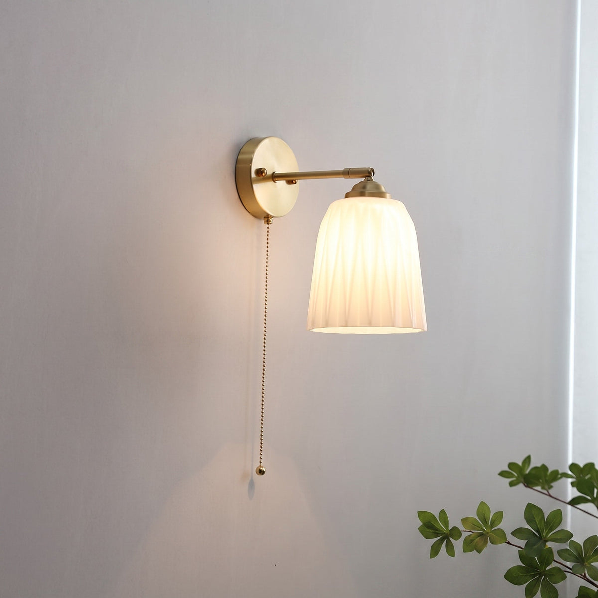 Ribbed Glass Wall Light with Pull Cord - Wall Light Fixtures - Bell Shade - Oaksoho