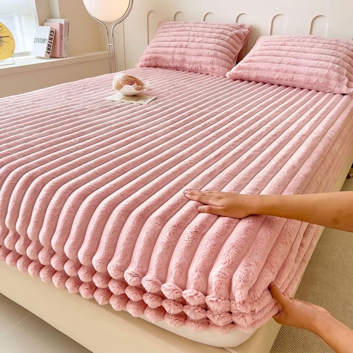 Ribbed Plush Fitted Bed Sheet with Deep Pockets - Bed Sheets - Pink - Oak Soho