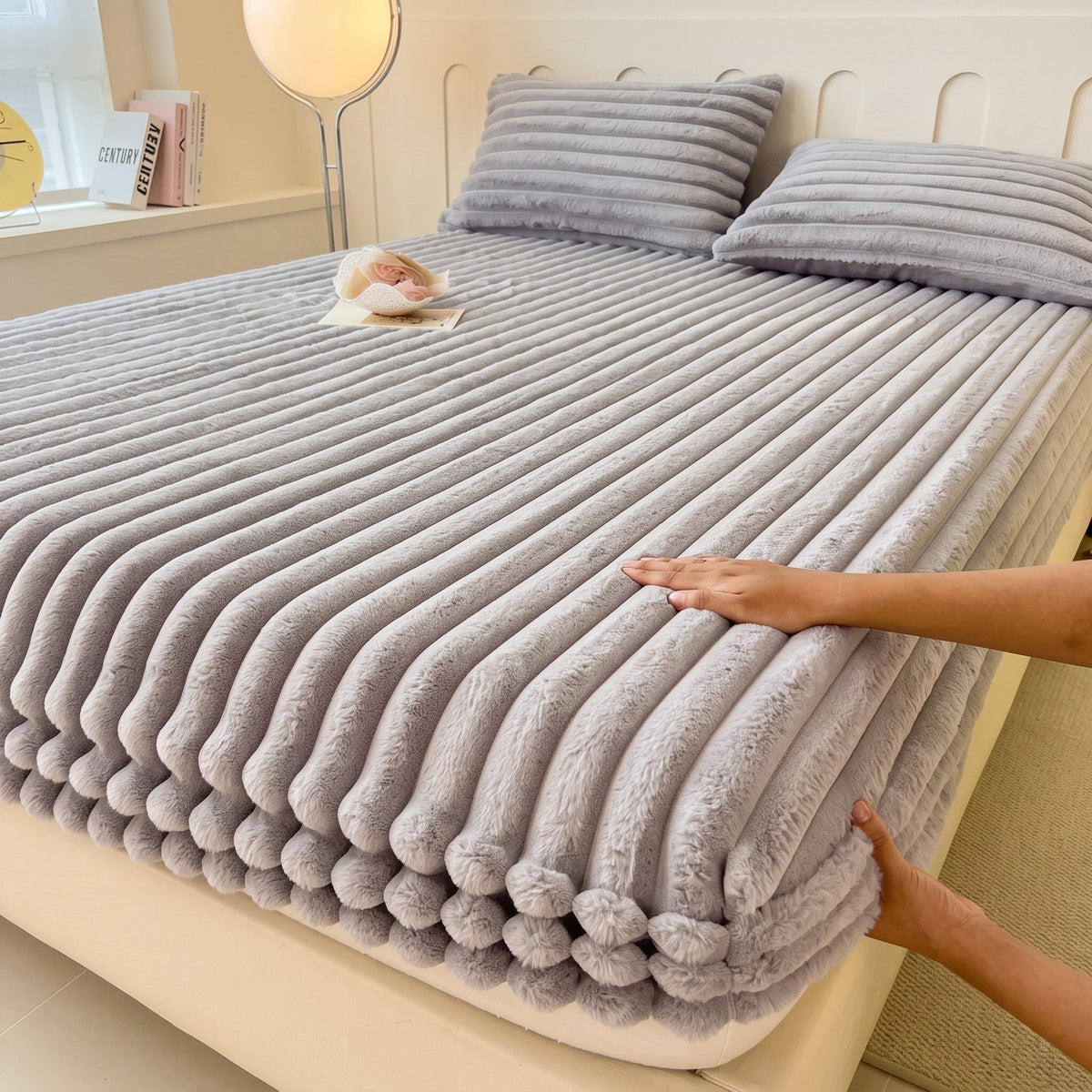 Ribbed Plush Fitted Bed Sheet with Deep Pockets - Bed Sheets - Grey - Oak Soho