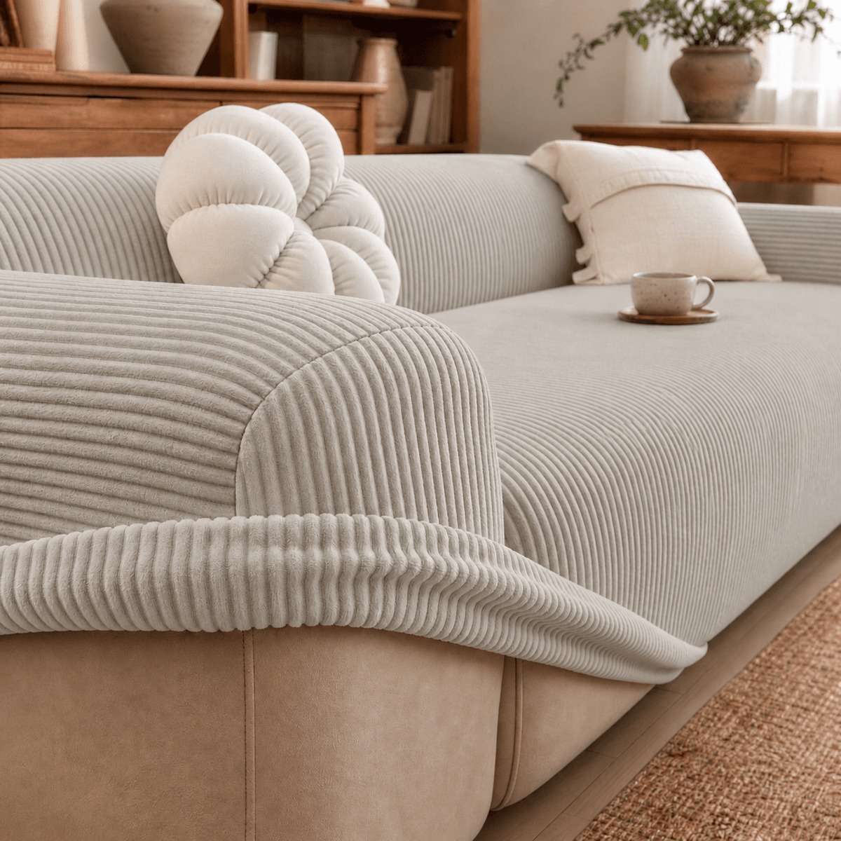 Ribbed Stretch Sofa Cover with Non-Slip Elastic Fit - Light Grey - Oak Soho