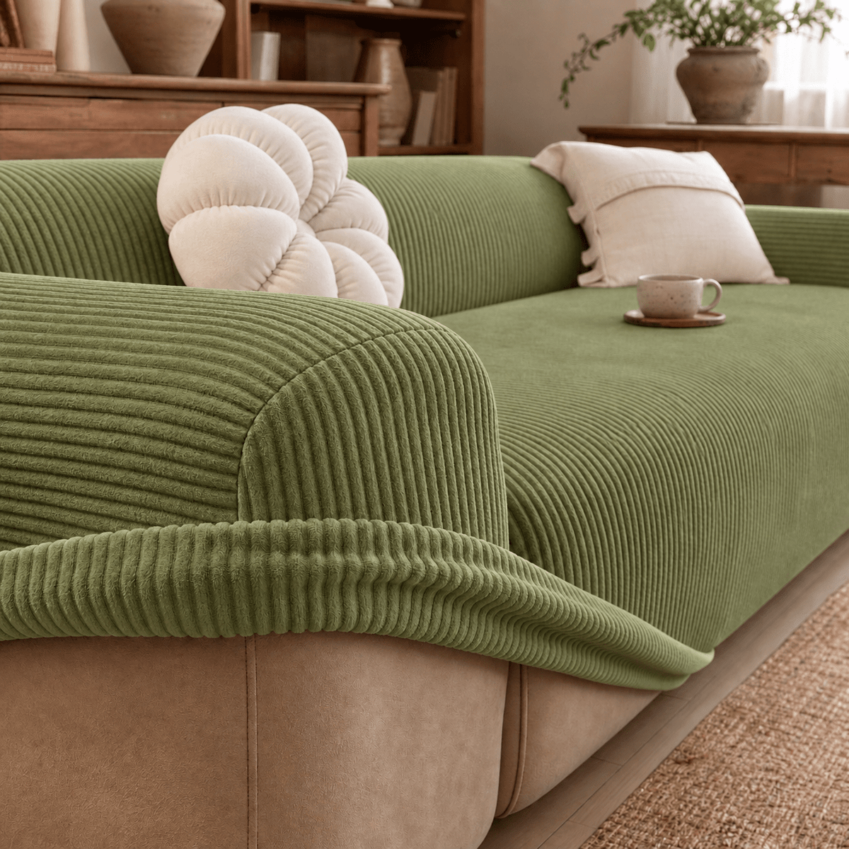 Ribbed Stretch Sofa Cover with Non-Slip Elastic Fit - Green - Oak Soho