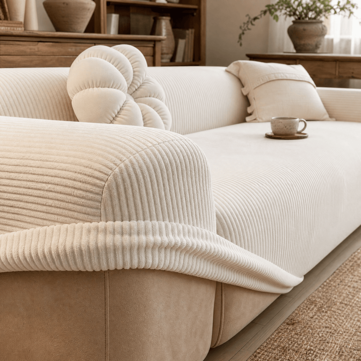 Ribbed Stretch Sofa Cover with Non-Slip Elastic Fit - Cream - Oak Soho