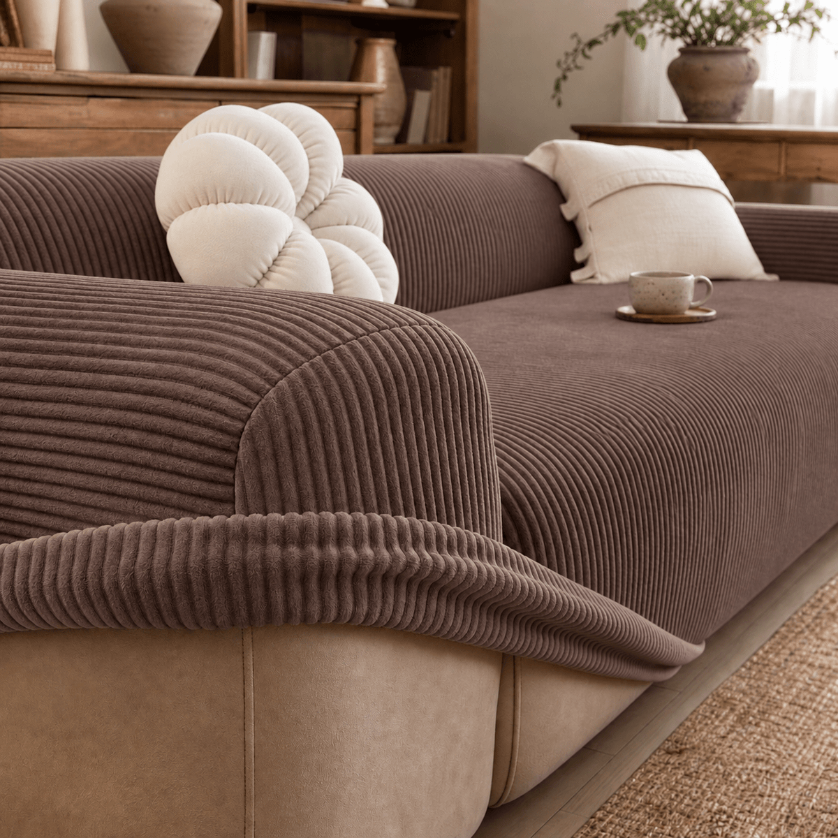 Ribbed Stretch Sofa Cover with Non-Slip Elastic Fit - Dark Brown - Oak Soho