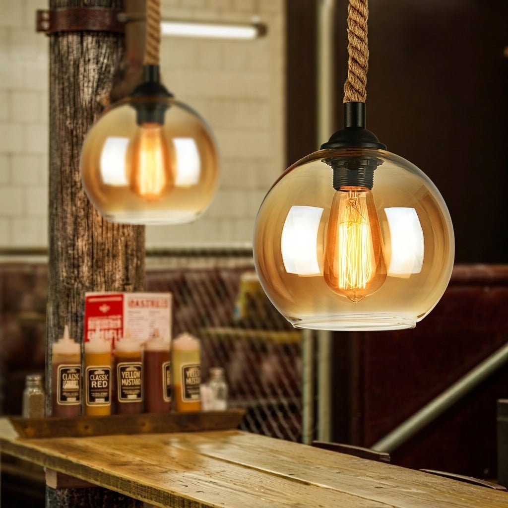 Rope Hung Glass Globe Pendant Light - Pendant Light Fixtures - Yellow - Oaksoho