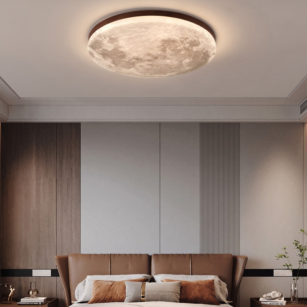 Round Moon Design LED Flush Mount Ceiling Light - Ceiling Light Fixtures - Walnut - Oaksoho