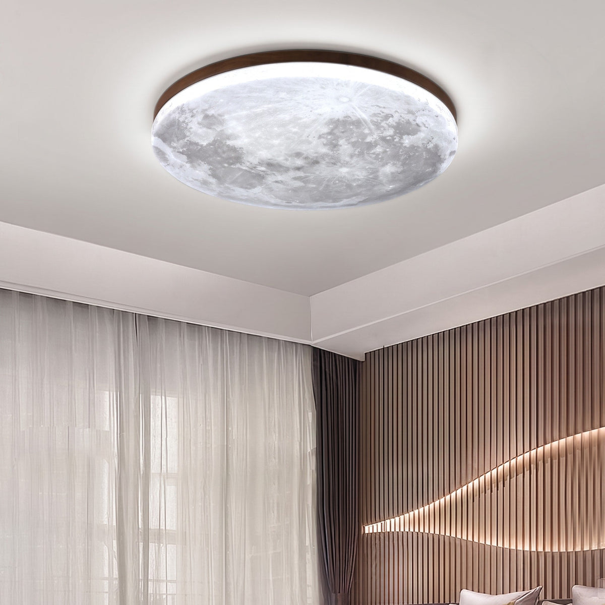 Round Moon Design LED Flush Mount Ceiling Light - Ceiling Light Fixtures - Walnut - Oaksoho