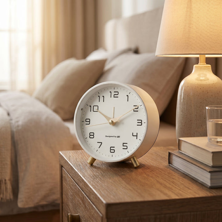 Scandinavian Round Silent Desk Clock with Brass Accents - Desk Clock - Pink - Oaksoho