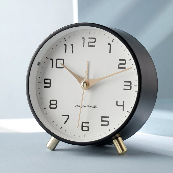 Scandinavian Round Silent Desk Clock with Brass Accents - Desk Clock - Black - Oaksoho