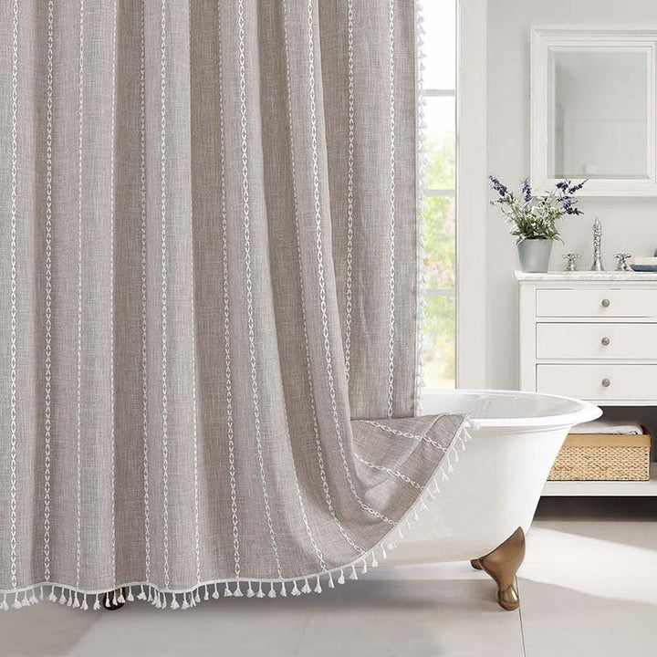 Shower Curtain with Fringed Hem - Shower Curtain - Beige Stripes - Oaksoho