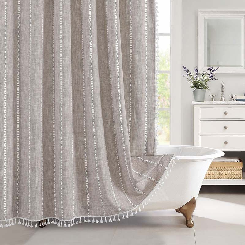 Shower Curtain with Fringed Hem - Shower Curtain - Beige Stripes - Oaksoho