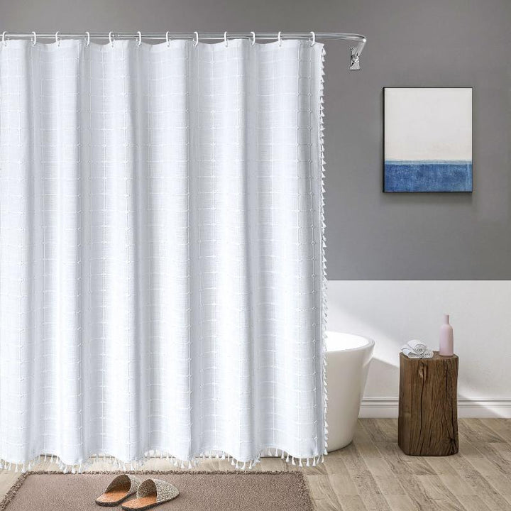 Shower Curtain with Fringed Hem - Shower Curtain - White Checked - Oaksoho